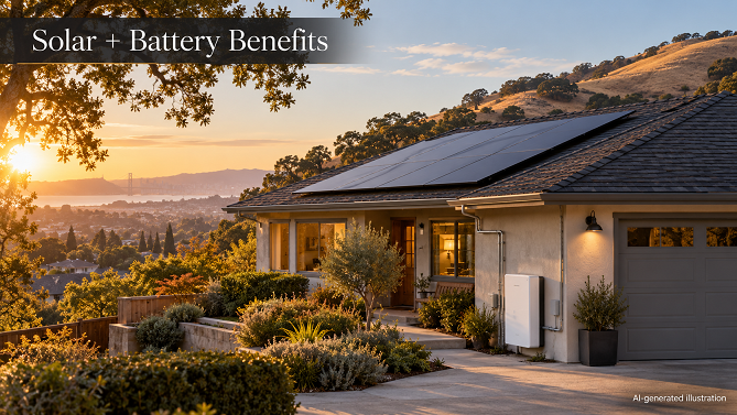 Illustration of a Bay Area home with rooftop solar panels and a wall-mounted home battery.